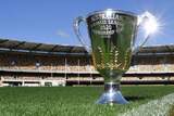 The AFL premiership cup glistens in the sunlight while sitting on the turf at the Gabba