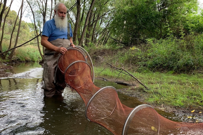 A man with a grey beard holds a long orange net in a shallow stream.
