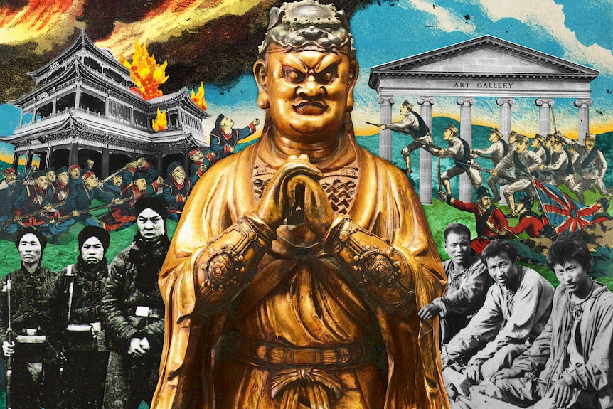 A collage with a golden Buddha statue at centre, black smoke and blue sky at top, and Chinese rebels and prisoners to the sides.