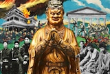 A collage with a golden Buddha statue at centre, black smoke and blue sky at top, and Chinese rebels and prisoners to the sides.
