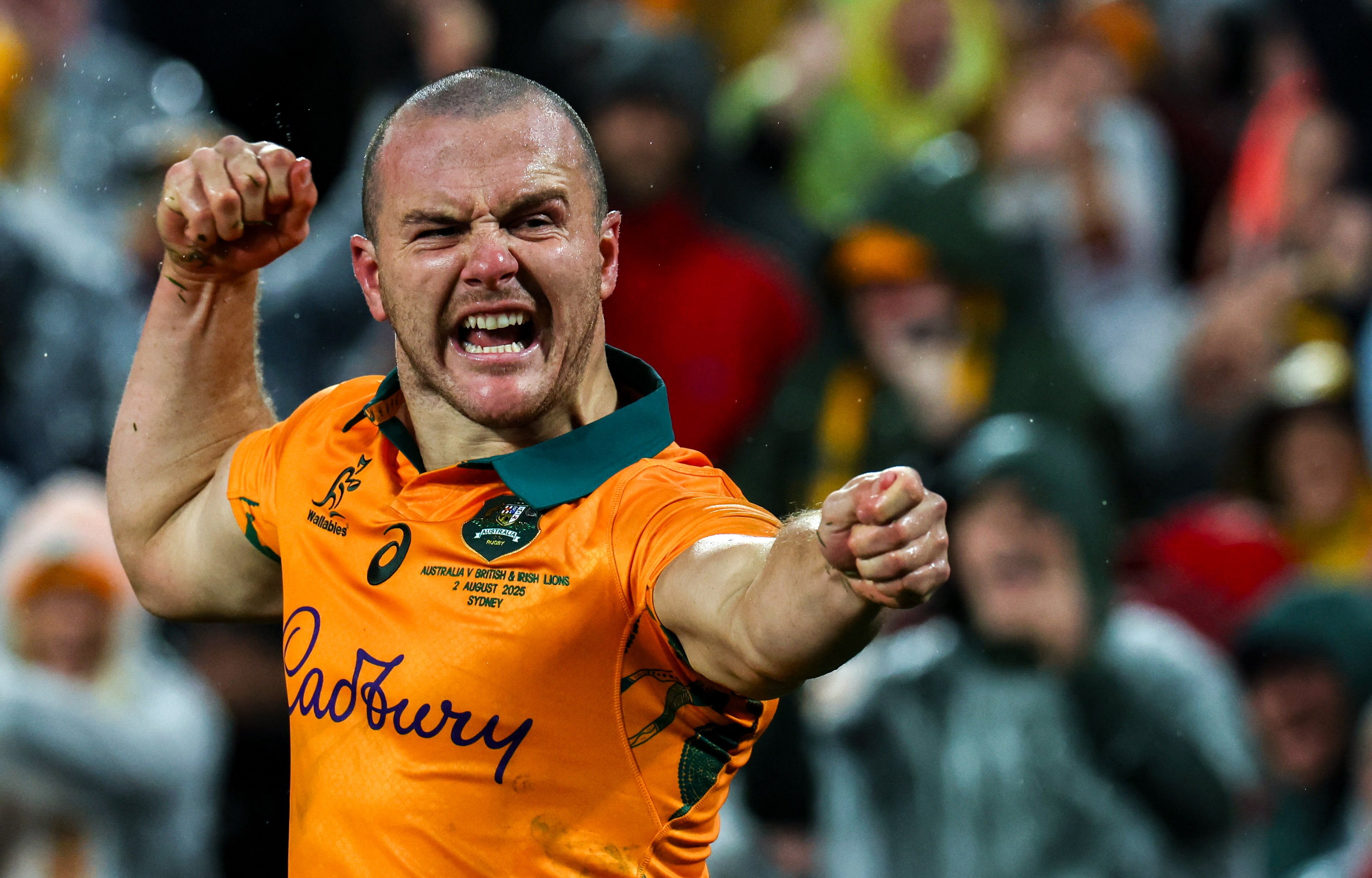 Dylan Pietsch of Australia celebrates after scoring, punching the air