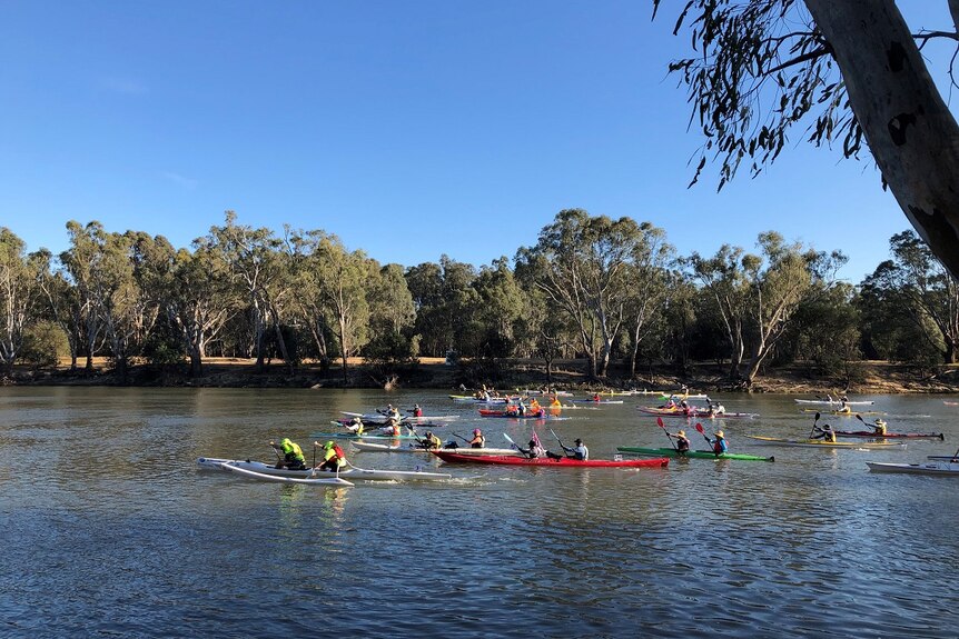 People in kayaks paddle on the Murray River with blue skies above