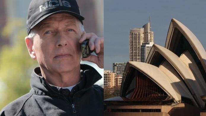 A composite image of character Agent Gibbs from the TV show NCIS, and the Sydney Opera House.