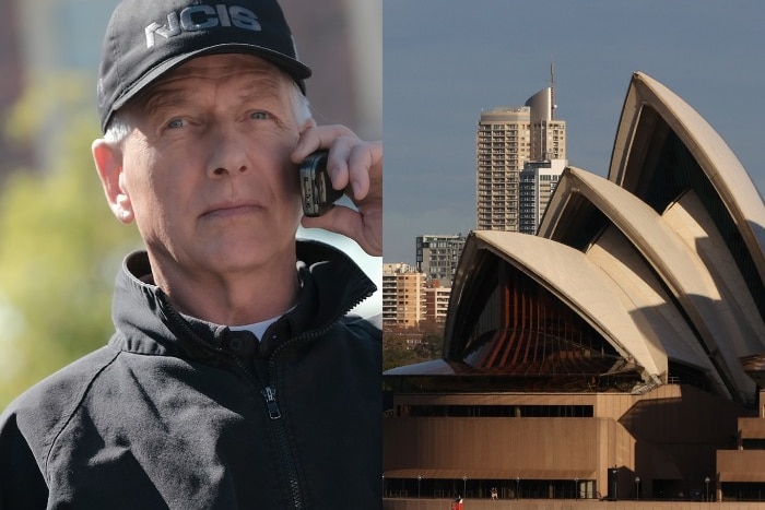 A composite image of character Agent Gibbs from the TV show NCIS, and the Sydney Opera House.