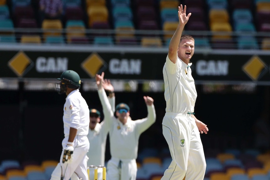 Jackson Bird appeals for the wicket of Mohammad Amir