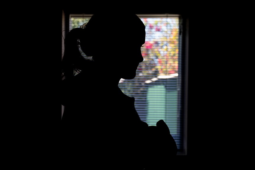 A silhouette of a teenage girl in front of a window, holding a plush cat toy.