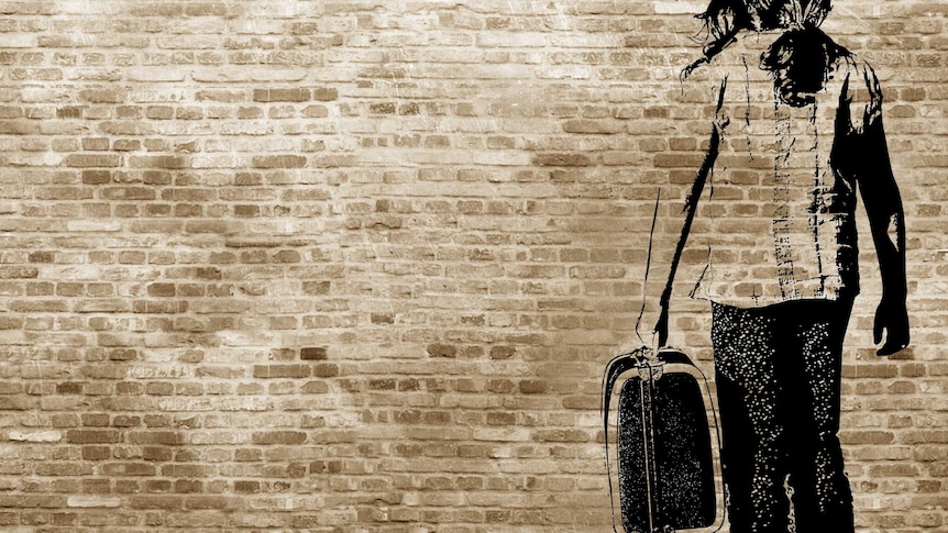 artwork of the back of a woman in shirt and jeans carrying a suitcase against a brick wall background