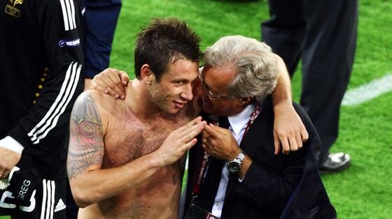 Antonio Cassano of Italy celebrates with coaching staff