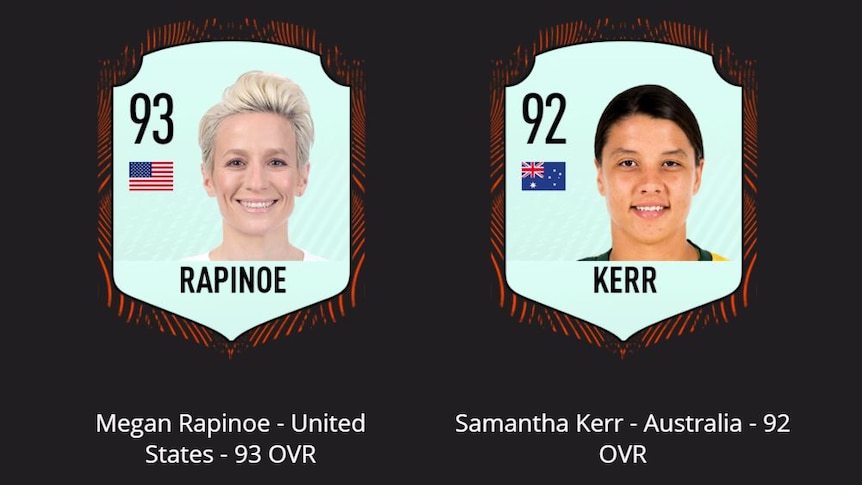 The disembodied heads of Megan Rapinoe and Sam Kerr sit in shields alongside their player ratings for the FIFA 21 video game.