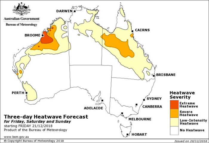 Heatwave map for Australia for Friday, Saturday, and Sunday - 3 days starting December 21, 2018