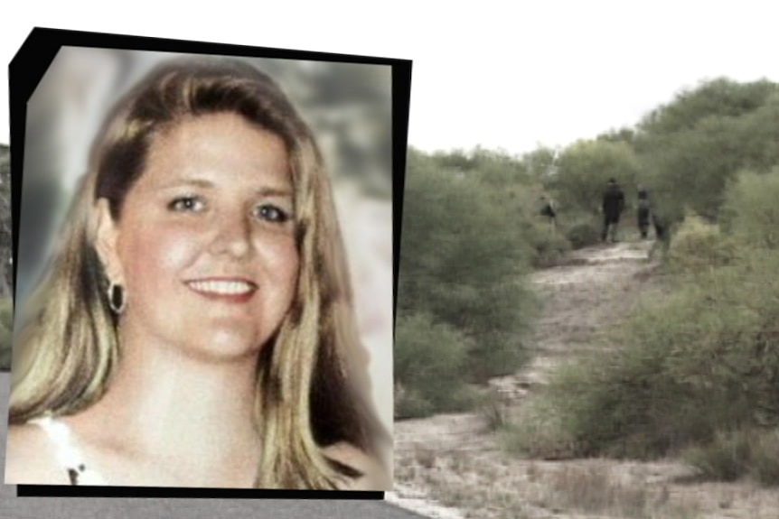Graphic showing a picture of Jane Rimmer superimposed at the bush grave site in Wellard