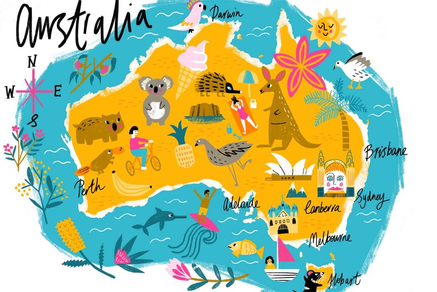 A drawing of Australia with animals.