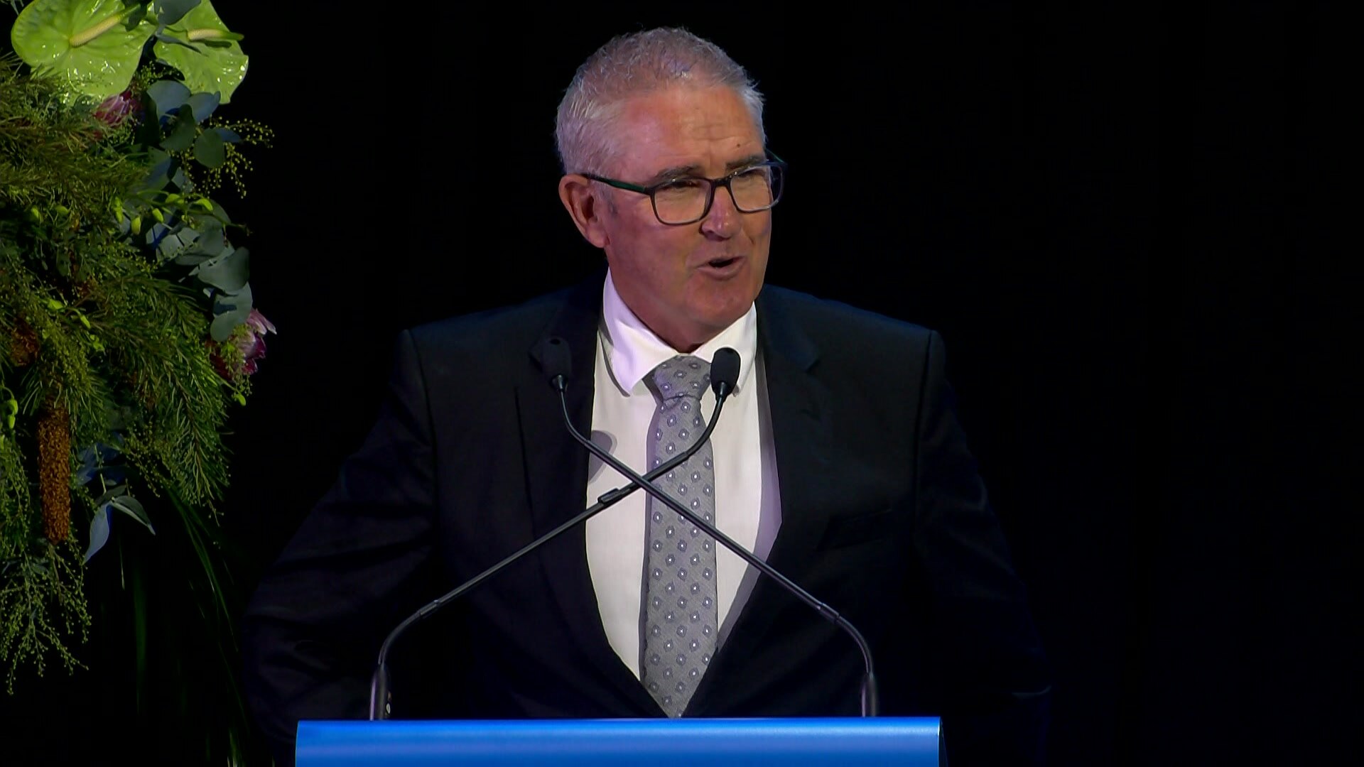 A white haired man with dark rimmed glasses in a dark suit talks into microphones at a lectern.