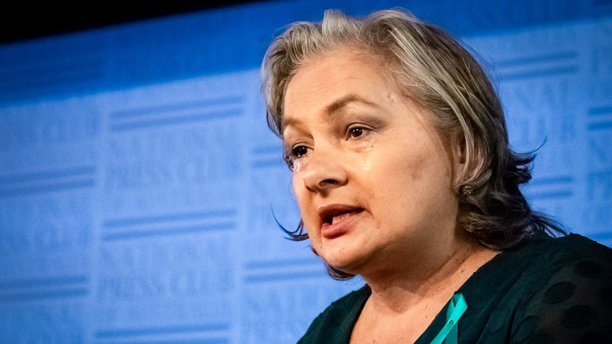 ABC Newcastle Mornings presenter Jill Emberson in tears while speaking at the National Press Club.