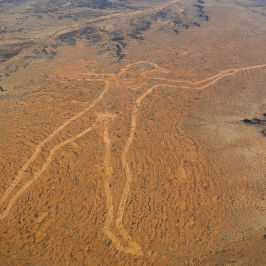 A huge figure of an Aboriginal man carved into to surface of the desert.