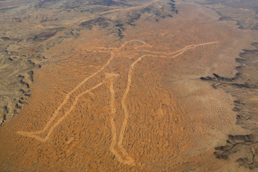 Landscape shot of an enormous man printed in the desert.