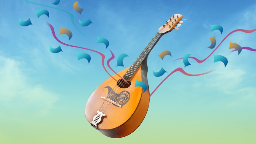 A mandolin sits over a blue to green gradient background with multicolour streamer motifs..