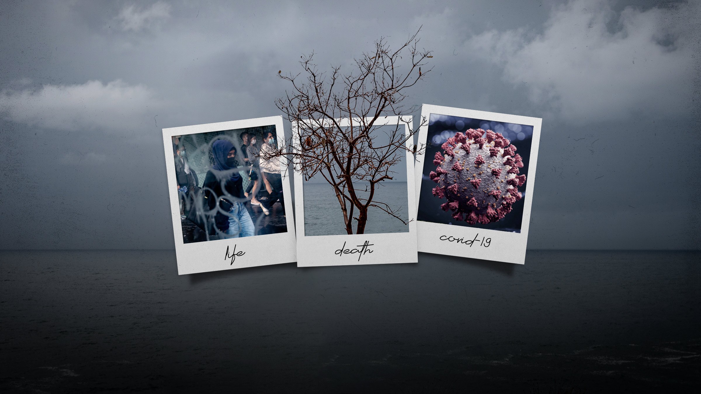 A composite image of three polaroid photos and a gloomy horizon symbolising death. 