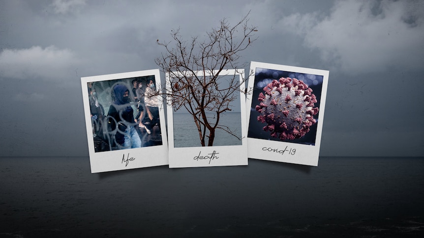 A composite image of three polaroid photos and a gloomy horizon symbolising death. 