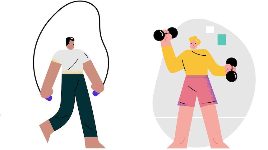 An illustration depicting 9 men each doing a different type of exercise or workout at home, against a white background.