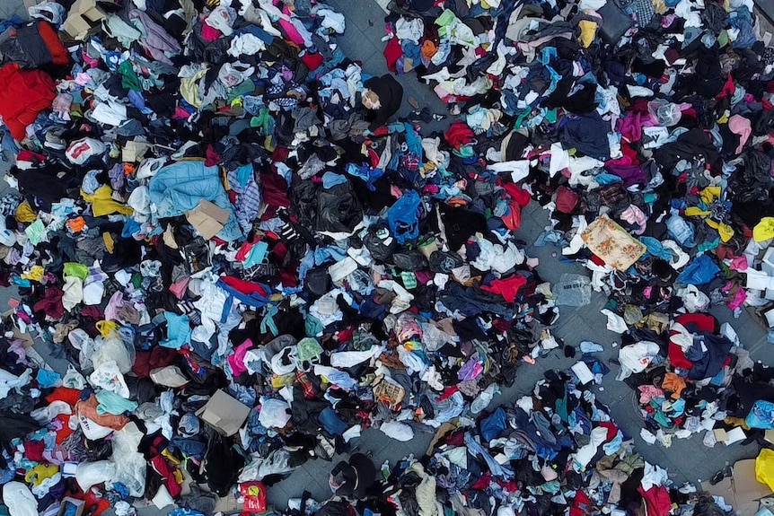 Aerial view of pile of clothes and donations. 