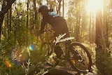 A bike rider on a mountain bike trail with his back to the camera and the sun peaking through the trees