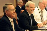 Prime Minister Kevin Rudd (centre) and Federal Treasurer Wayne Swan