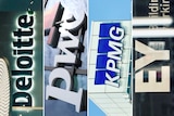 Side by side photos of business logos for accounting firms Deloitte, PwC, KPMG and EY