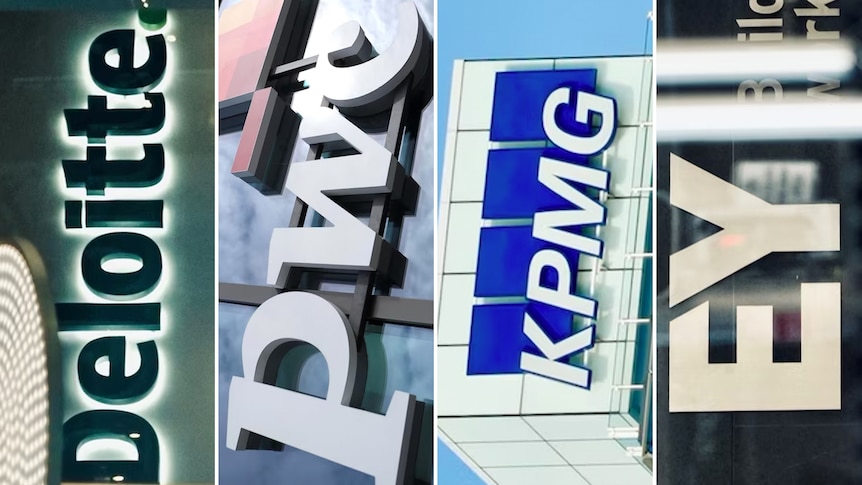 Side by side photos of business logos for accounting firms Deloitte, PwC, KPMG and EY