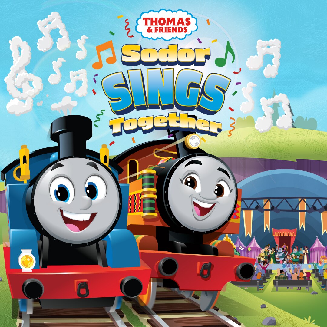 Thomas & Nia smiling under the title. The steam from their chimneys is shaped like musical notes.