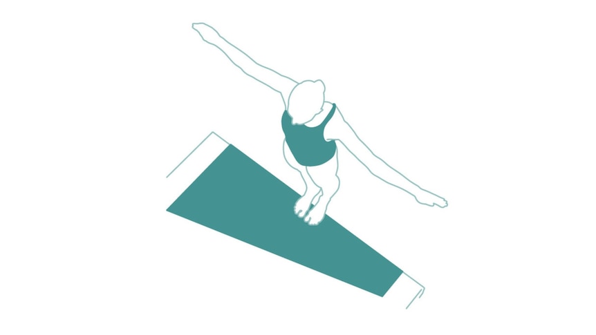 A green cartoon image of a person on a diving board