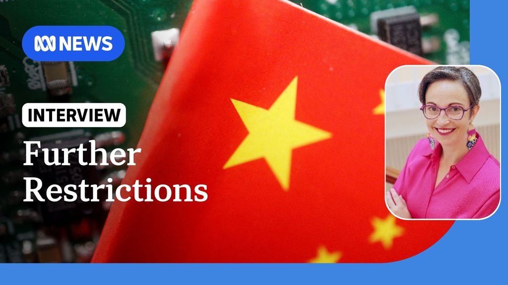 Further Restrictions: Close up of a chinese flag in front of a computer chip. Inset photo of smiling woman with pink shirt.