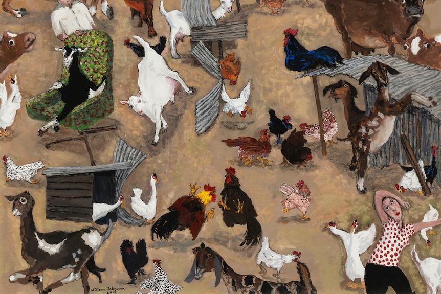 A birds eye view painting of chickens and cows in a farmyard