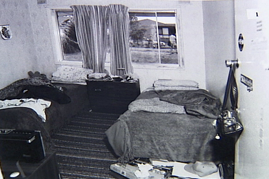 A black and white police photo of Louise Bell's bedroom.