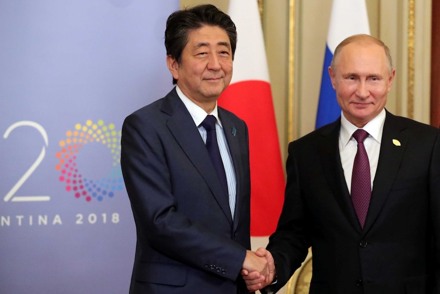 Vladimir Putin and Shinzo Abe smile and shake hands.