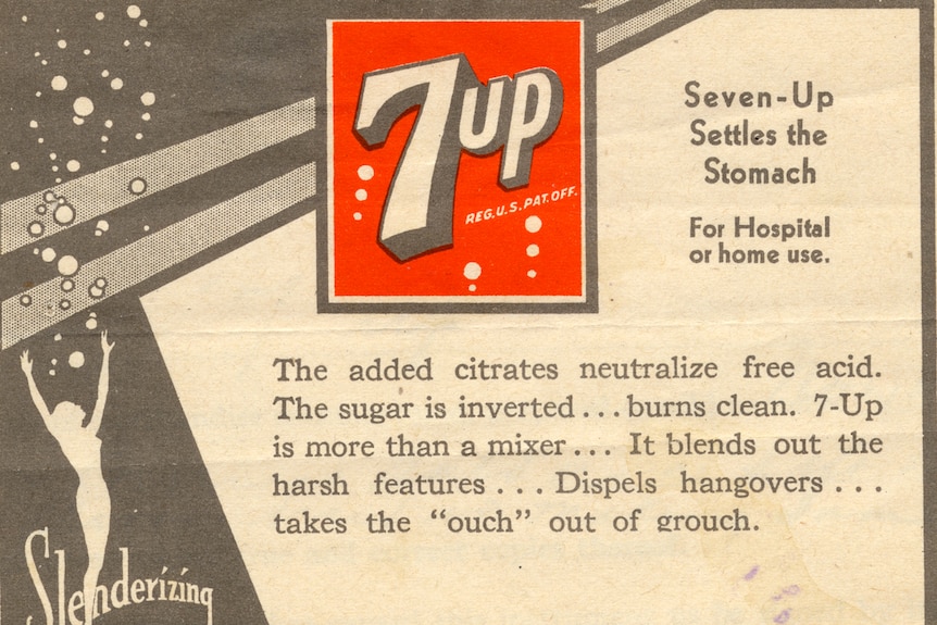 A historic advertisement for 7 Up promotes its health benefits.