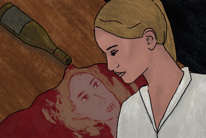 Illustration of a woman looking at the reflection of her face in red wine 