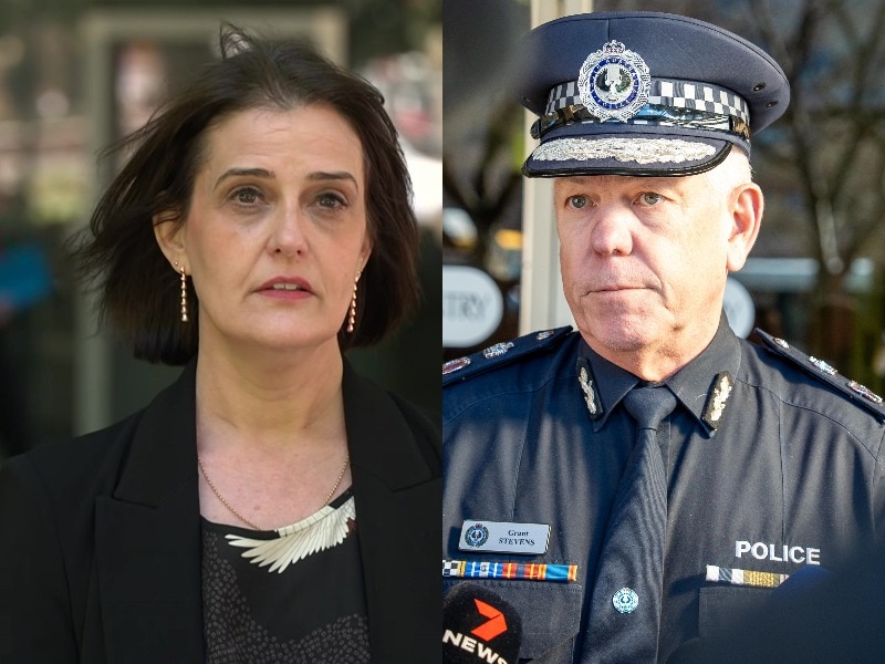 Uma imagem composta de uma mulher de cabelos castanhos e um policial.