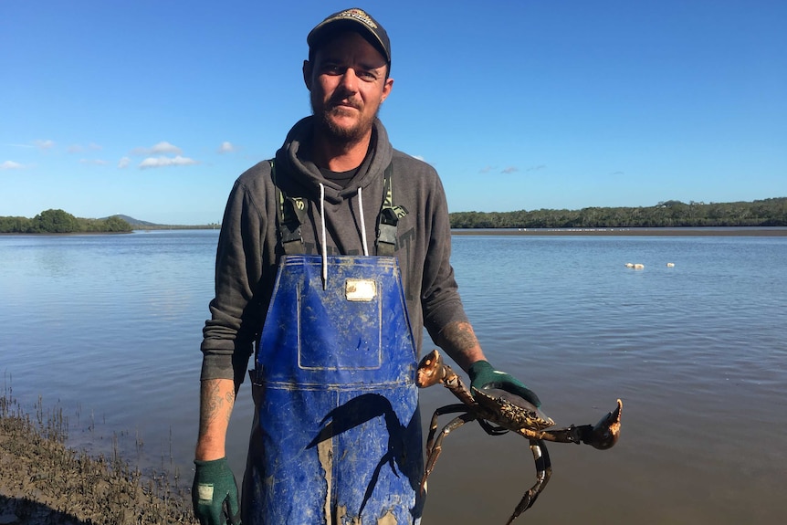 A commercial crabber holds up a live crab he has caught