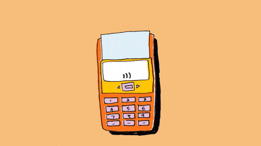 A GIF of an EFTPOS, credit card and eyes watching