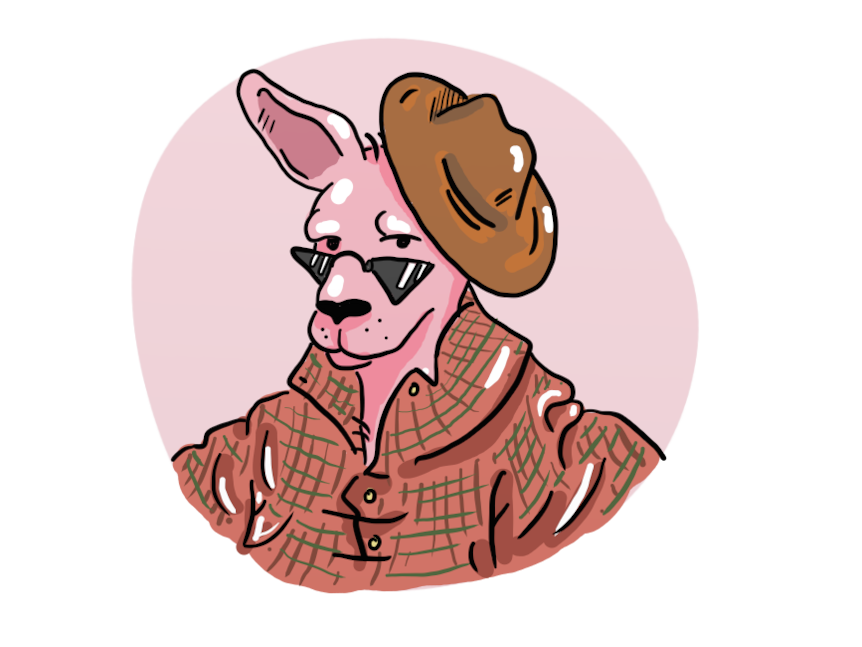 A drawing of a pink kangaroo wearing a detective hat, jacket and sunglasses.