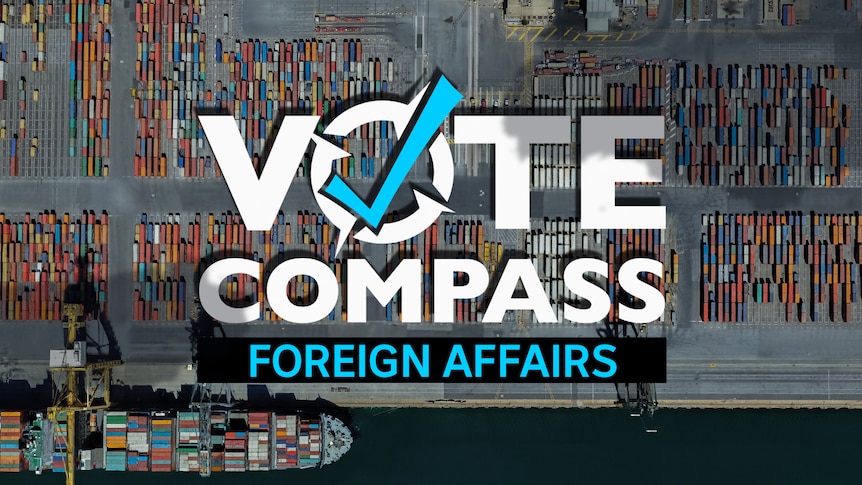 A bird's eye view of a large shipping yard full of shipping containers, overlayed with the words Vote Compass: Foreign Affairs