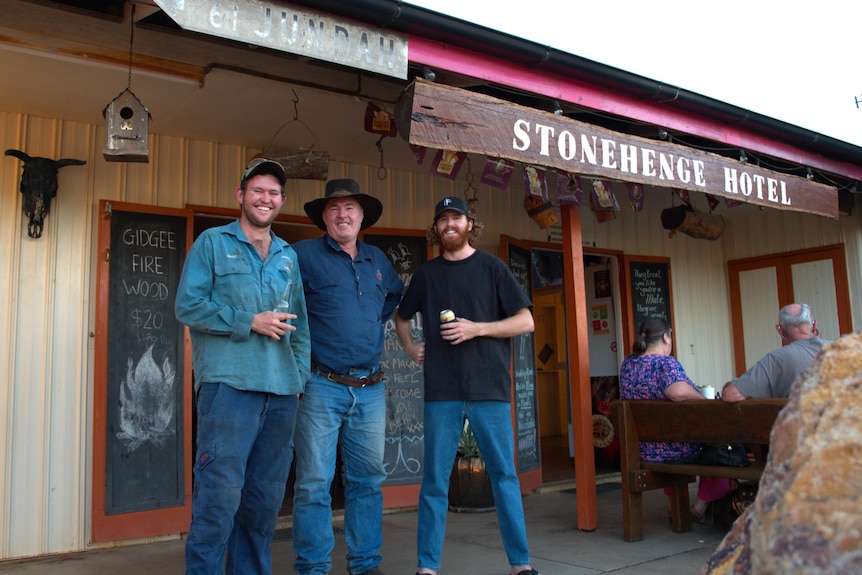 Grant Champion, Tom Auriac and Tony Jackson at Stonehenge Hotel in Western Queensland.