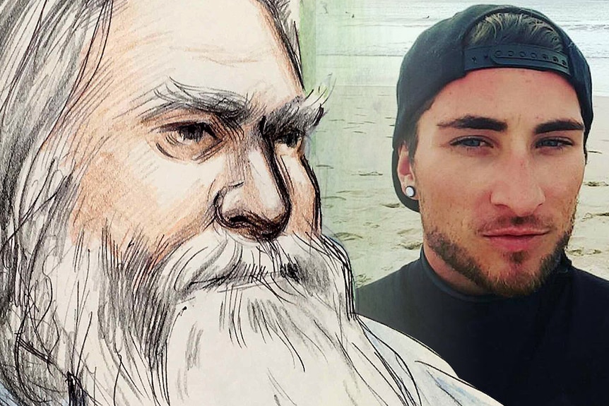 A court sketch of an old man with a big white beard and a picture of a young man in a black baseball cap backwards