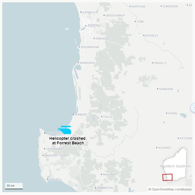 A map of WA's South West showing the site of a helicopter crash.