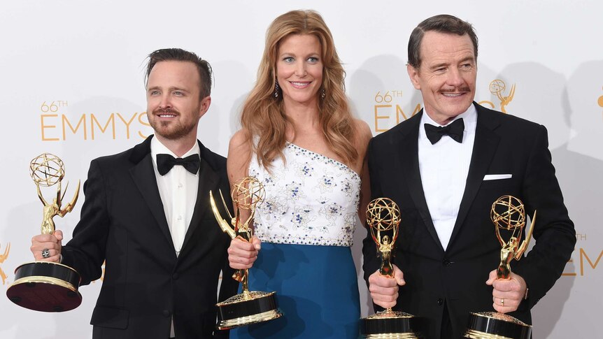 Actors Aaron Paul, Anna Gunn and Bryan Cranston celebrate with their Emmys for Breaking Bad at the Nokia Theatre in Los Angeles.