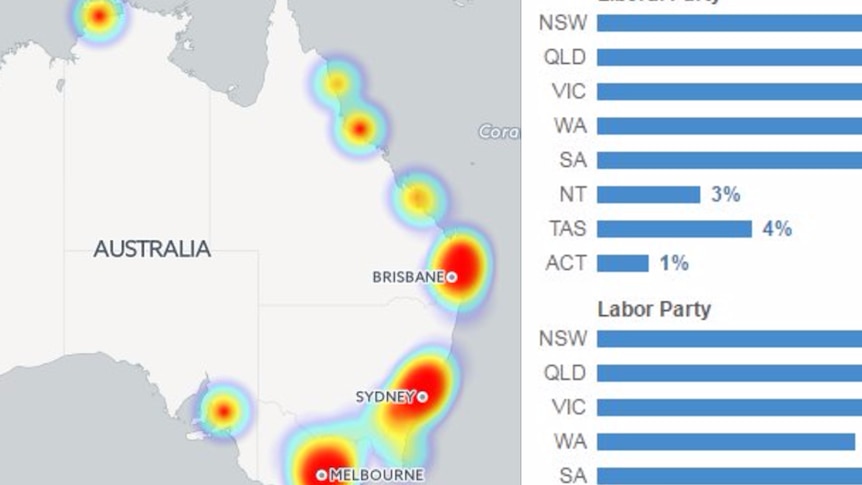 Heatmap shows where Liberal Party leaders have been during the election campaign, highlighting Sydney, Brisbane and Melbourne.