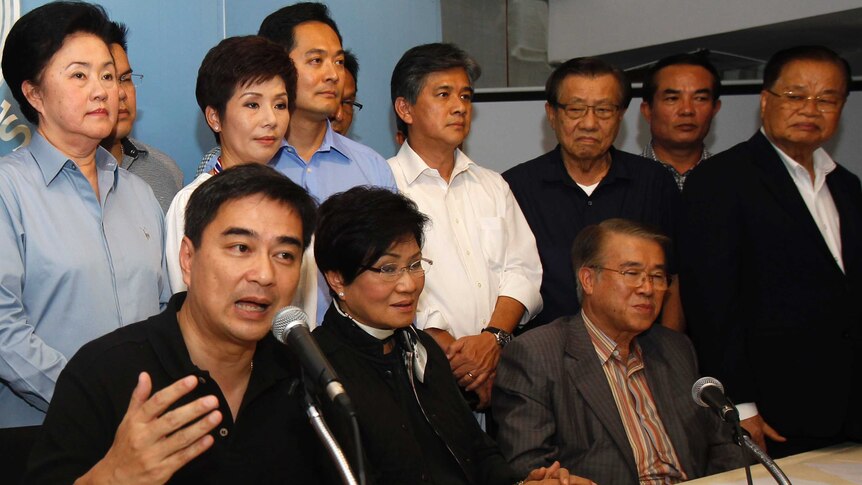 Thailand's opposition leader Abhisit Vejjajiva speaks during a media conference