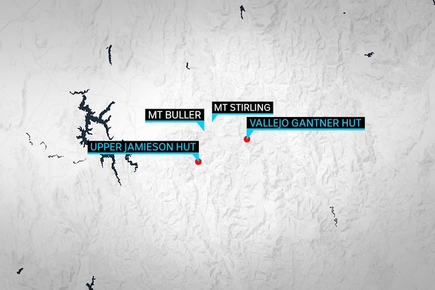 A map shows the locations of Upper Jameson and Vallejo Gantner huts to the south of Mt Buller and Mt Stirling.