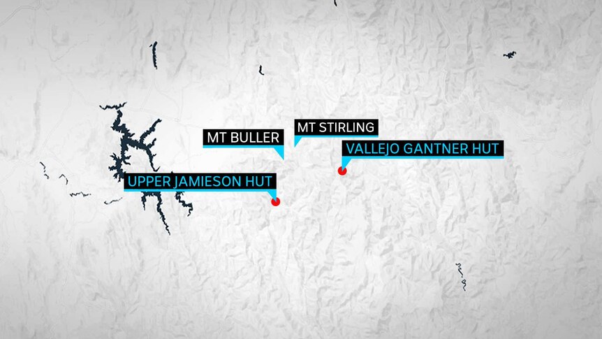 A map shows the locations of Upper Jameson and Vallejo Gantner huts to the south of Mt Buller and Mt Stirling.